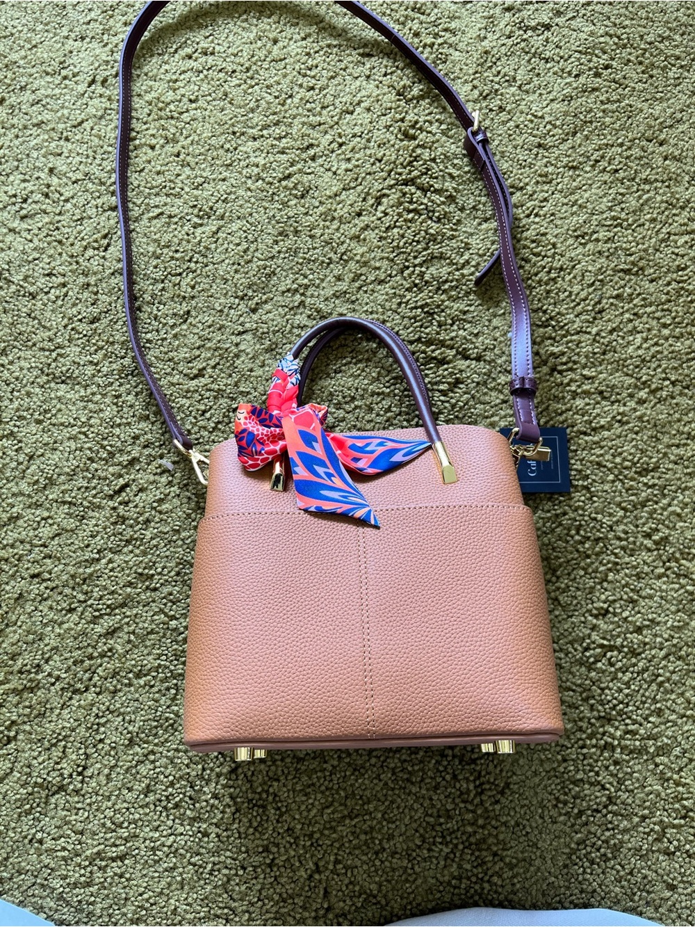 Pebbled Tan Crossbody Satchel with Colorful Scarf Accent